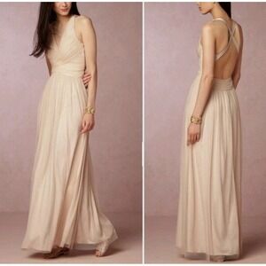 BHLDN Hitherto by Anthropologie Cream Tulle Maxi Formal Dress Criss Cross Back 2
